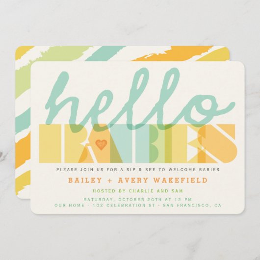 Moderne typografie Hallo baby's Twins Sip & See Kaart (Voorkant / Achterkant)