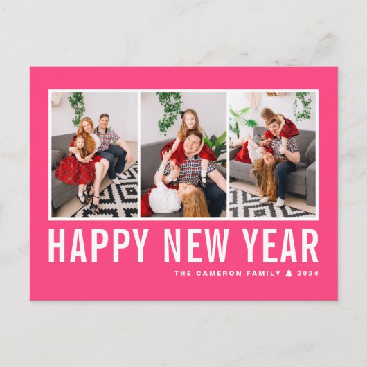 Moderne Typografie Heet Roze Fotocollage Nieuwjaar Feestdagenkaart (Voorkant)