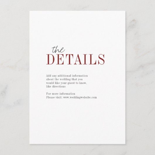 Moderne typografie herfst bruiloft met detailkaart informatiekaartje (Voorkant)