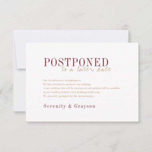 Moderne typografie herfst bruiloft uitstel kaart (Voorkant)