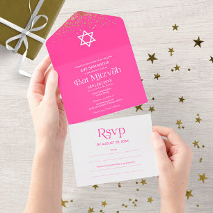 Moderne typografie hete roze confetti Bat Mitzvah  All In One Uitnodiging