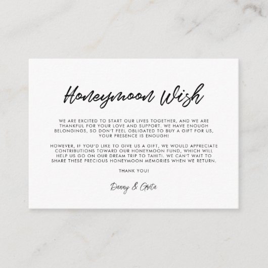 Moderne typografie Honeymoon wish Informatiekaartje (Voorkant)