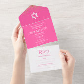 Moderne Typografie Hot Pink Confetti Bat Mitzvah A All In One Uitnodiging (Afscheurbaar)