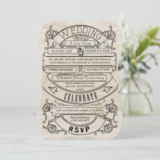  moderne typografie Hout Wedding Kaart (Staand voorkant)