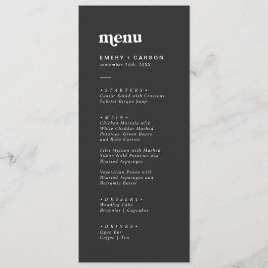 Moderne typografie | Houtskool grijs bruiloft dine Menu (Voorkant)