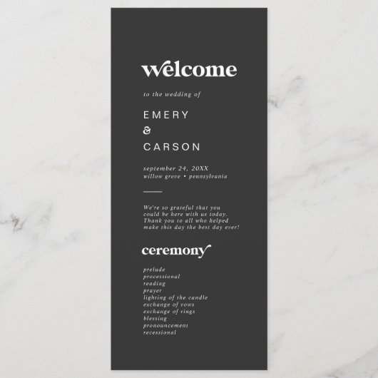 Moderne typografie | Houtskool grijs bruiloft prog Programmakaart (Voorkant)