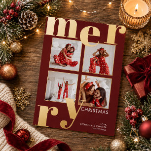 Moderne typografie in het donkerrood kerst foto ka folie feestdagenkaart
