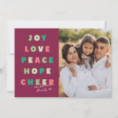 Moderne typografie Joy Love Peace Hope Cheer Feestdagenkaart (Voorkant)