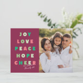 Moderne typografie Joy Love Peace Hope Cheer Feestdagenkaart (Staand voorkant)