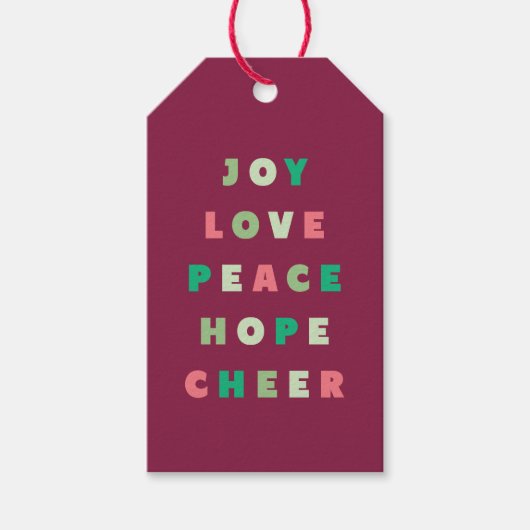 Moderne typografie Joy Love Peace Hope Kerstmis Cadeaulabel (Voorkant)