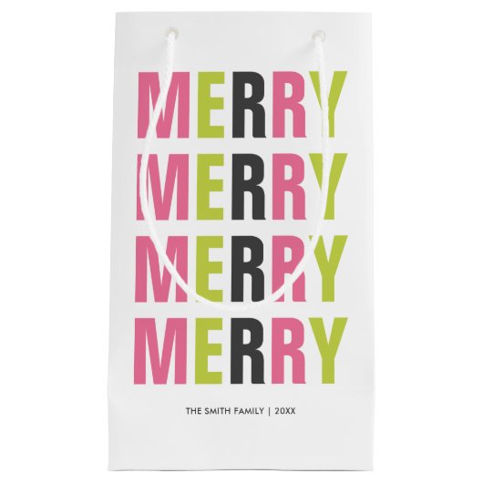 Moderne Typografie Kleurrijke "Vrolijke" Kerstmis Klein Cadeauzakje (Voorkant)