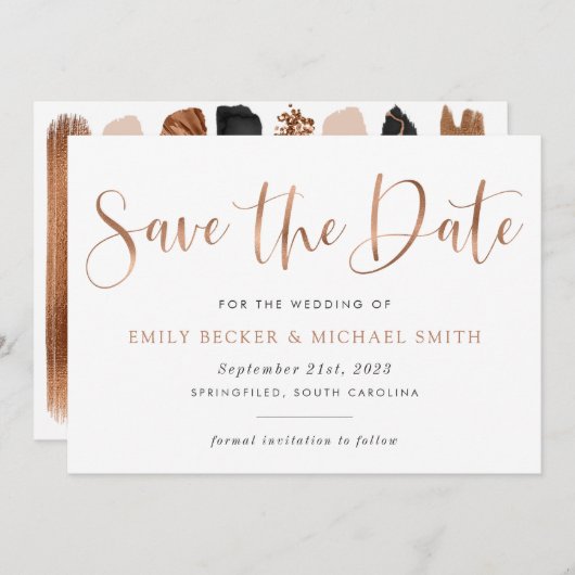 Moderne typografie koper Blush Folie Opslaan datum Kaart (Voorkant / Achterkant)