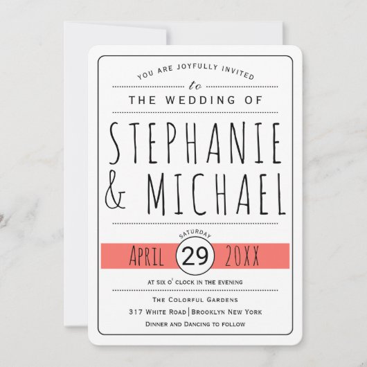Moderne typografie koraal levende bruiloft afgeron kaart (Voorkant)