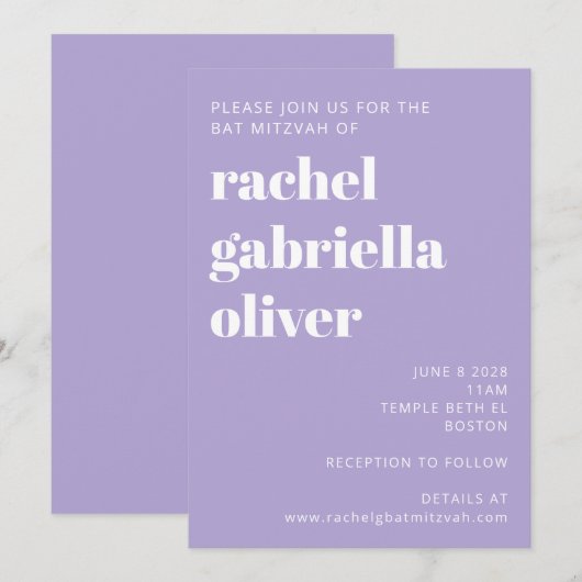 Moderne Typografie Lavender Paars Bat Mitzvah Kaart (Voorkant / Achterkant)