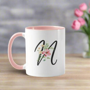 Moderne Typografie Letter "N" Vrouwelijke bloemen Mok