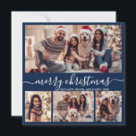 Moderne Typografie Marine 5 Fotocollage Kerstmis Feestdagenkaart<br><div class="desc">Moderne minimalistische elegante kalligrafie Navy 5 Fotocollage Merry Christmas kalligrafie Script Vakantie Kaart. Deze feestelijke, minimalistische, grillige sjabloon van de vakantiepas beschikt over vier (4) fotocollage op de voorkant, 1 foto op de achterkant en zegt "Merry Christmas" begroetingstekst, die is geschreven in een prachtige hand belettering swirly swash-tail lettertype in...</div>