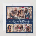 Moderne Typografie Marine 5 Fotocollage Kerstmis Feestdagenkaart<br><div class="desc">Moderne minimalistische elegante kalligrafie Navy 5 Fotocollage Merry Christmas kalligrafie Script Vakantie Kaart. Deze feestelijke, minimalistische, grillige sjabloon van de vakantiepas beschikt over vier (4) fotocollage op de voorkant, 1 foto op de achterkant en zegt "Merry Christmas" begroetingstekst, die is geschreven in een prachtige hand belettering swirly swash-tail lettertype in...</div>