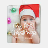 Moderne typografie Mijn eerste kerstfoto baby Keramisch Ornament (Links)