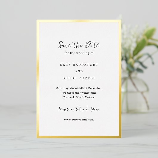 Moderne typografie Minimalistische trouwkaart Save Folie Uitnodiging (Staand Voorkant)