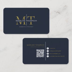 Moderne typografie monogram navyblauw goud QR-code Visitekaartje