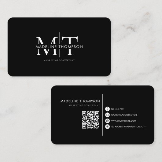 Moderne typografie monogram zwart QR-code Visitekaartje (Voorkant / Achterkant)