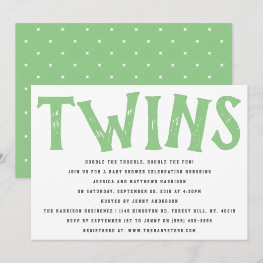 Moderne typografie Neutrale Twins Baby shower Kaart (Voorkant / Achterkant)
