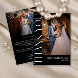 Moderne Typografie op Zwarte Huwelijksfoto Bedankkaart