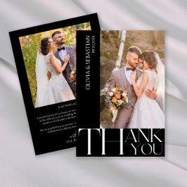 Moderne typografie op zwarte huwelijksfoto bedankkaart