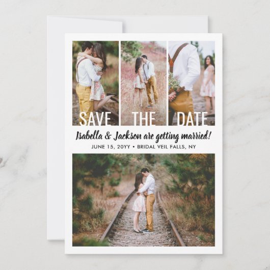Moderne Typografie Overlay Fotocollage Trouwen Save The Date (Voorkant)