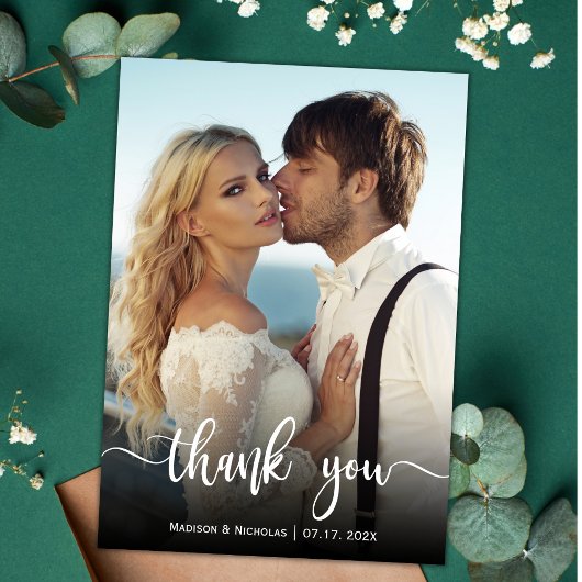 Moderne Typografie Overlay Script Foto Bruiloft Bedankkaart