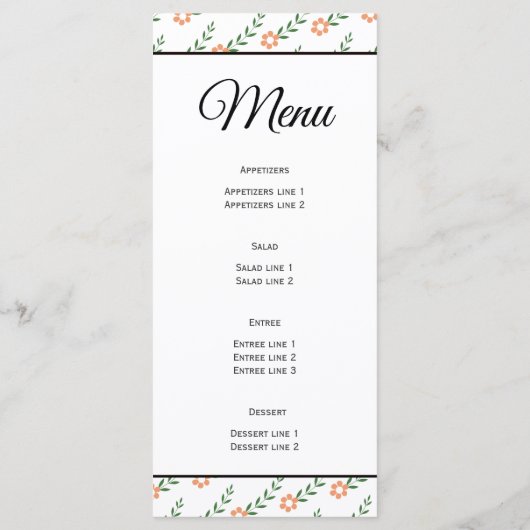 Moderne typografie perzik bloemen bruiloft menu ka (Achterkant)