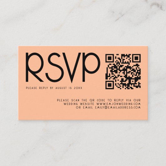 Moderne Typografie QR Code Peach Bruiloft RSVP Informatiekaartje (Voorkant)