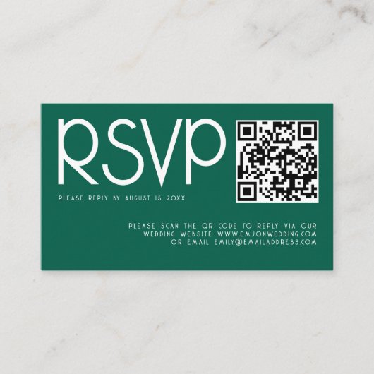 Moderne Typografie QR Code Smaragd Bruiloft RSVP Informatiekaartje (Voorkant)