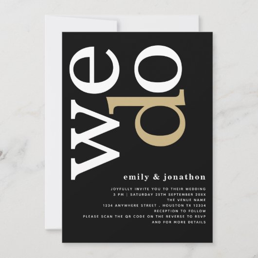 Moderne typografie QR Code White Gold Black Weddin Kaart (Voorkant)