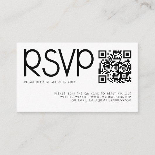 Moderne Typografie QR Code Zwart Wit Bruiloft RSVP Informatiekaartje (Voorkant)
