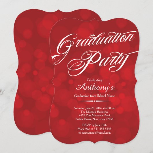 Moderne Typografie Red Bokeh Graduation Party Kaart (Voorkant / Achterkant)