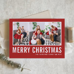 Moderne Typografie Rode Fotocollage Kerstmis Feestdagenkaart<br><div class="desc">vrolijk kerstfeest! Stuur uw warme wensen dit seizoen met deze aanpasbare fotocollage kerstkaart. Het heeft een eenvoudige typografie met een rode achtergrond. Personaliseer door uw foto's,  namen,  jaar en andere details toe te voegen. Deze moderne kerstkaart is verkrijgbaar in andere kleuren en karton.</div>