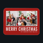 Moderne Typografie Rode Fotocollage Kerstmis Magneet<br><div class="desc">vrolijk kerstfeest! Stuur je warme wensen dit seizoen met deze aanpasbare fotocollage kerstmagneet. Het heeft een eenvoudige typografie met een rode achtergrond. Personaliseer door uw foto's,  namen,  jaar en andere details toe te voegen. Deze moderne kerstmagneet is verkrijgbaar in andere kleuren en karton.</div>