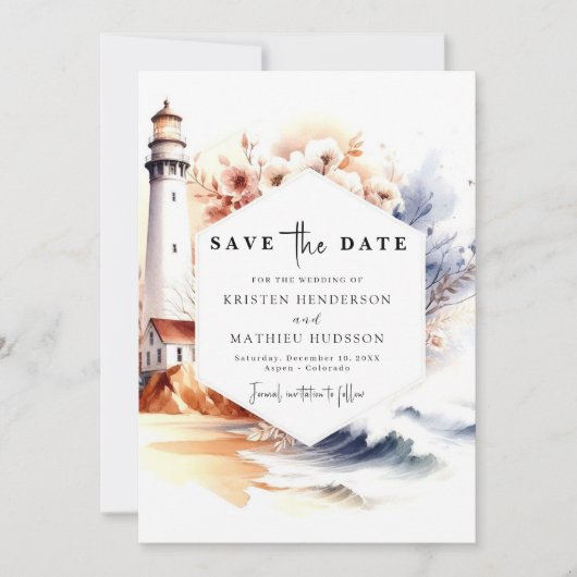 Moderne typografie Romance Vuurtoren bruiloft Save The Date (Voorkant)