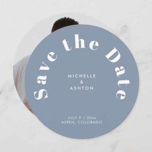 Moderne Typografie Ronde Cirkel Stusty Blue Save The Date (Voorkant / Achterkant)