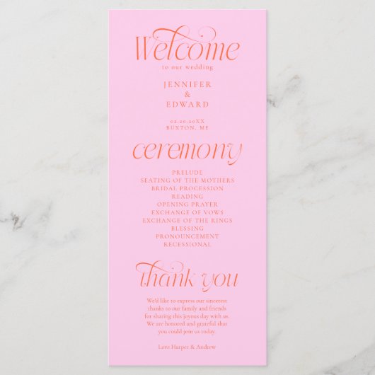 Moderne typografie roze oranje trouwprogramma programmakaart (Voorkant)
