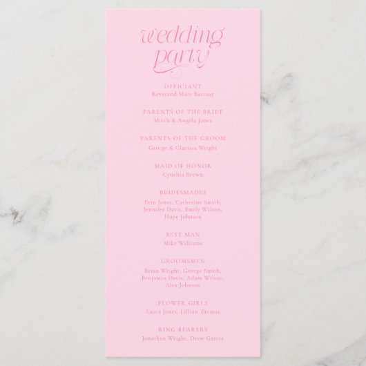 Moderne typografie roze trouwprogramma programmakaart (Achterkant)