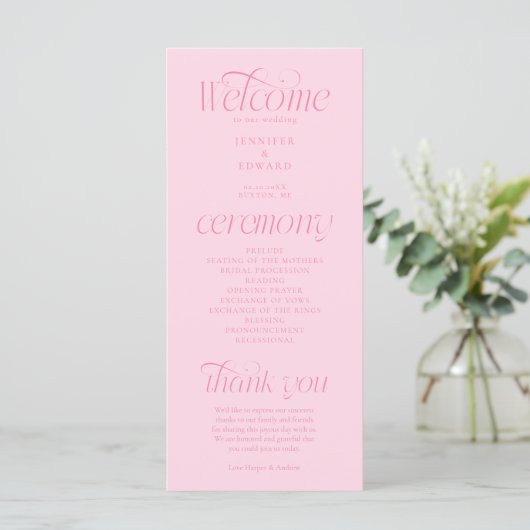 Moderne typografie roze trouwprogramma programmakaart (Staand voorkant)