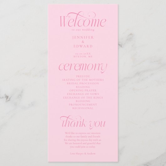 Moderne typografie roze trouwprogramma programmakaart (Voorkant)