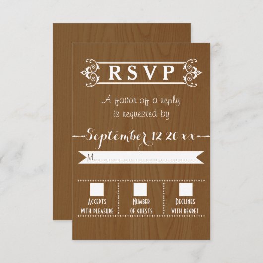 Moderne typografie rustieke houten bruiloft RSVP (Voorkant / Achterkant)