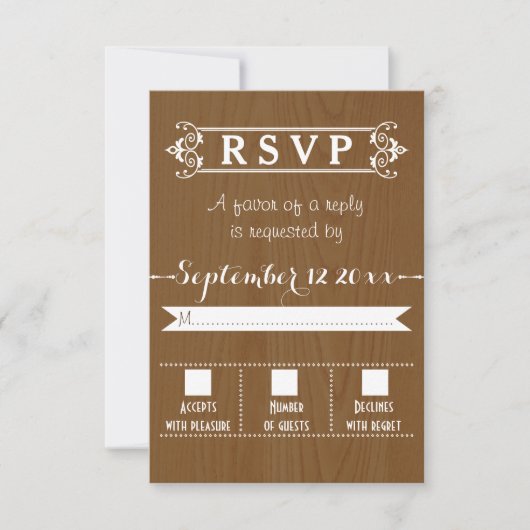 Moderne typografie rustieke houten bruiloft RSVP Kaartje (Voorkant)