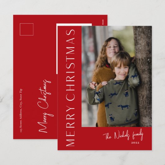 Moderne Typografie Simple Merry-kerstfoto Feestdagenkaart (Voorkant / Achterkant)