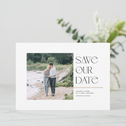 Moderne typografie Sla de datum Vierkant Foto Save The Date (Staand voorkant)