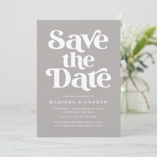 Moderne Typografie Speckled Grijs en Wit Save The Date (Staand voorkant)