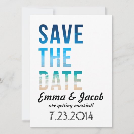 Moderne typografie strand bruiloft save the date kaart (Voorkant)